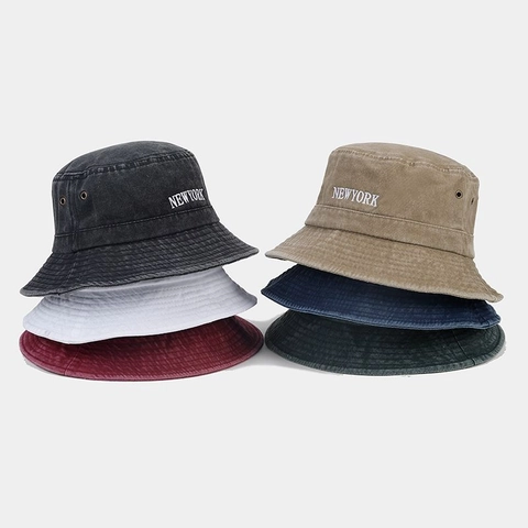 Chapeau Bob Brodé New York Coton Lavé Style Américain Vintage Respirant Œillet Chapeau De Soleil Bassin Unisexe