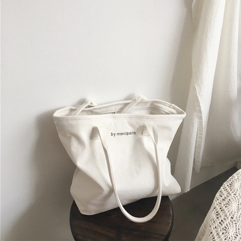 Women Canvas Tote Bag Large Capacity Letter Print Minimalist Shoulder Handbag Zipper Casual Versatile Shopping Bag