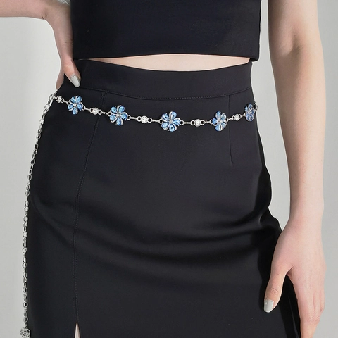 Cintura A Catena Da Vita Moda Donna Metallo Argento Fiore Cristallo Blu Strass Regolabile Per Vestito Festa Decor