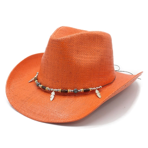 Western Cowboy Hat Braided Paper Straw Wide Brim Sun Protection Ethnic Beaded Band Metal Feather Pendants Summer Beach
