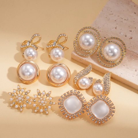 Set Orecchini Lobo In Lega Künstliche Perle Imitazione Strass Con Perno In Argento Fiocco Fiocco Di Neve Quadrato Rotondo Gioielli Eleganti Donna