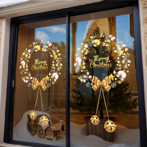 Christmas Window Stickers Golden Wreath Static Cling Decals Double Sided Merry Christmas Glass Door Decor