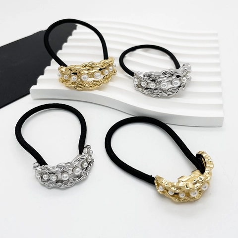 Coleteros De Perlas Artificiales Aleación Cadena Metal Cuerda Elástica Para El Cabello Mujeres Moda Soporte Para Cola De Caballo