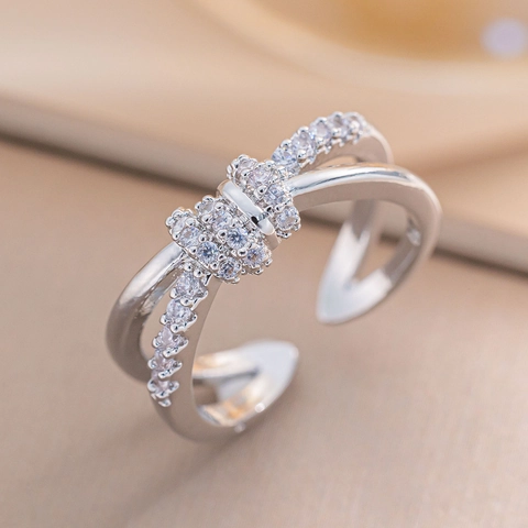 Adjustable Double Layer Cross Ring Copper 18K Gold Plated Zircon Bowknot Design Minimalist Fashion Jewelry For Women