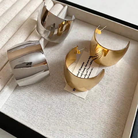 Chunky Hoop Oorbellen Glanzend Breed C-Vorm Metaal Geometrisch Minimalistische Sieraden Met 925 Sterling Zilveren Oorsteker