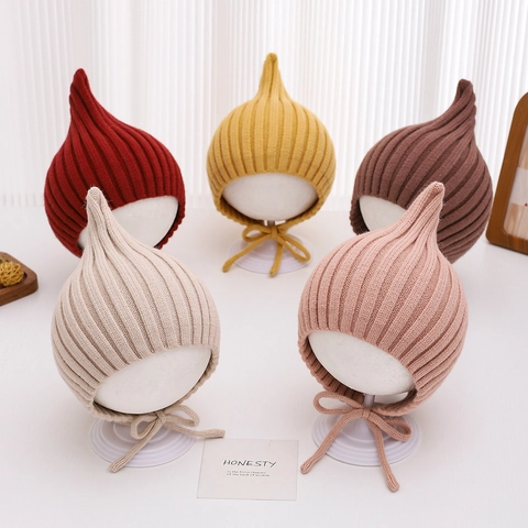 Baby Knitted Elf Hat Ribbed Ear Protection Windproof Solid Color Beanie With Chin Strap For Toddlers