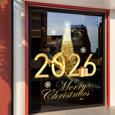 2026 Christmas Window Stickers Static Adsorption PVC Reindeer Gold Double Sided Glass Decals Festive Holiday Shop Decor