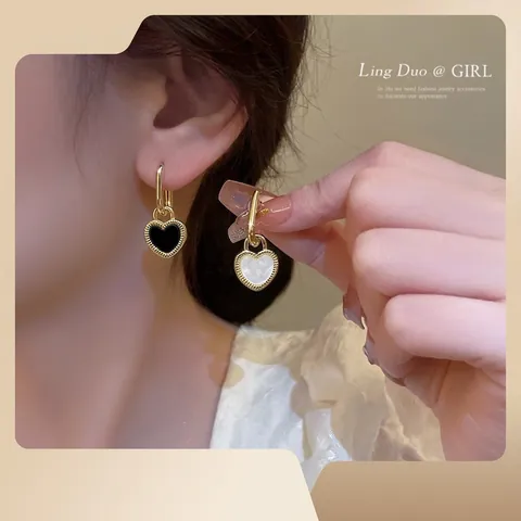 Orecchini A Cerchio A Cuore Vintage Doppia Faccia Nero E Bianco Acciaio Inossidabile Placcato Oro Stile Francese Per Donna