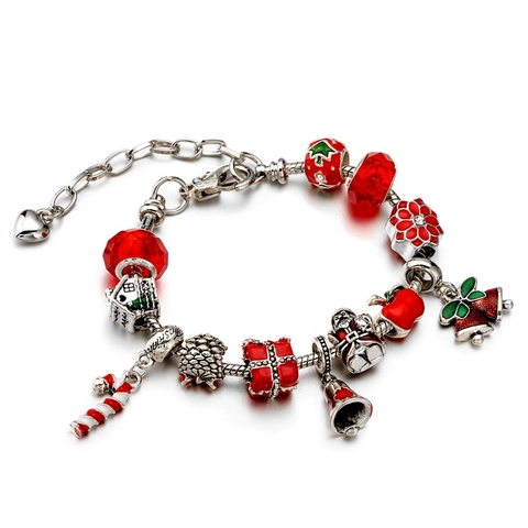 Bracciale Con Ciondoli Natalizi Lega Smalto Perle Di Vetro Pupazzo Di Neve Bastoncino Di Zucchero Campana Pendenti Gioiello
