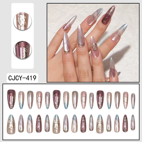 Unghie Finte Lunghe Stiletto Press On Cat Eye Lucide Rilievo 3D Oro Stella Luna Farfalla Sfumate Artificiali