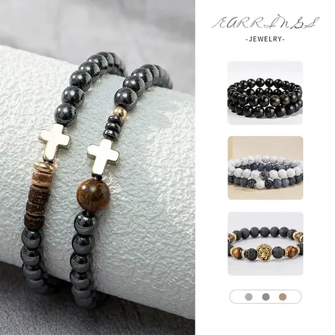 Cross Hematite Beaded Bracelet And Lava Stone Tiger Eye Adjustable Urban Street Style Handcrafted Jewelry For Men