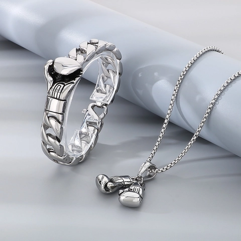 Boxing Gloves Pendant Necklace And Cuban Link Bracelet Stainless Steel Hip Hop Jewelry For Men