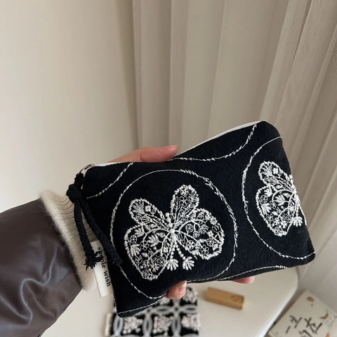 Mini Canvas Coin Purse With Embroidery Butterfly Sea Anemone Pattern Zipper Storage Bag For Lipstick Personal Items