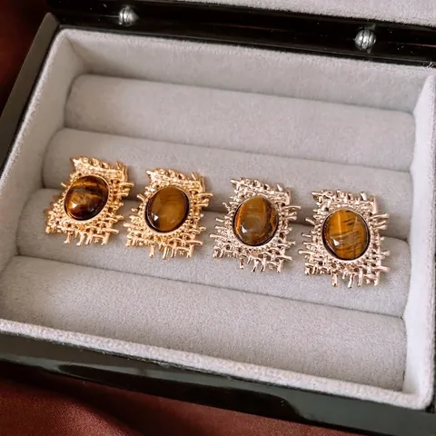 Vintage Oval Tiger's Eye Stud Earrings With 925 Sterling Silver Earring Post Copper Textured Geometric Jewelry For Women