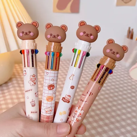 Penna A Sfera Multicolore Retrattile Topper Orso Cartone Animato Plastica Cancelleria Carina Stile Giapponese Studenti