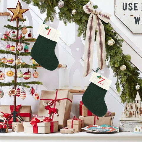 Calze Di Natale In Maglia Con Lettere Dell'Alfabeto Ornamento Appeso Verde E Bianco Sacchetti Regalo Per Feste Decorazione