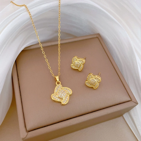 Rotating Clover Necklace Earrings Stainless Steel Copper Gold Plated Zircon Silver Earring Post Elegant Women Jewelry