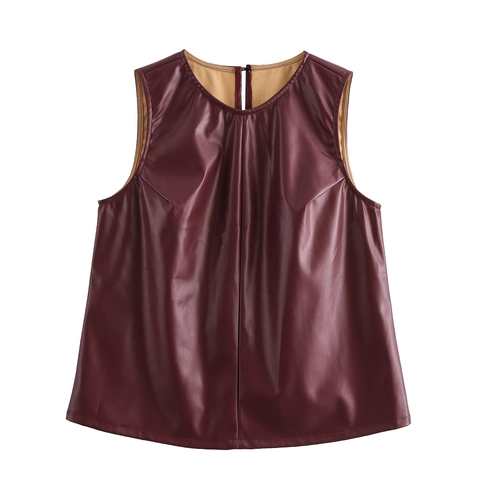 Women Wine Red PU Leather Sleeveless Top And Shorts Outfit Round Neck Pleated Streetwear Sexy Solid Color
