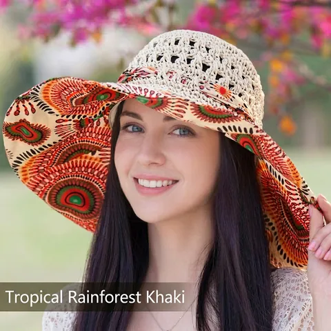 Women Wide Brim Sun Hat Bohemian Floral Printed Fabric Breathable Manual Crochet Straw Beach Travel Vacation Summer Hats