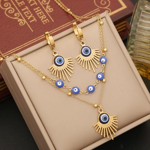 Blaues Böses Auge Halskette Armband Ohrringe Edelstahl Doppelstöckig Sonnenstrahl Vergoldet Boho Schmuck