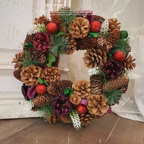 Christmas Wreath With Natural Pinecones Artificial Branches Berries Retro Holiday Home Wall Door Decor
