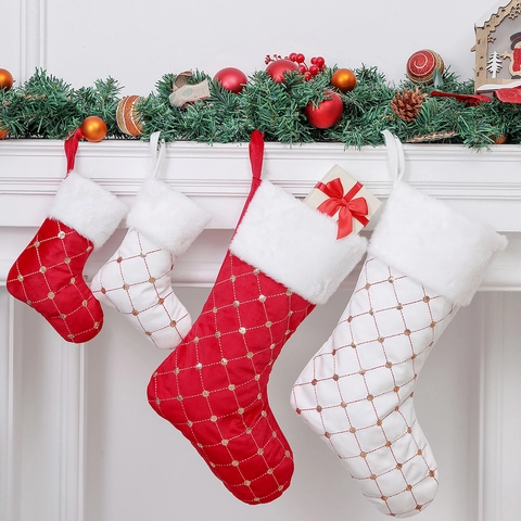 Christmas Stockings Velvet Quilted Diamond Pattern With Gold Sequins And White Faux Fur Cuff Holiday Home Gift Bag