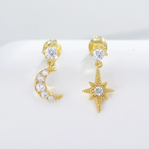 Orecchini a Bottone Asimmetrici Stella e Luna in Argento Sterling 925 con Zirconia Intarsiata Orecchini a Goccia Donna Gioielli