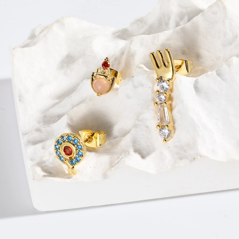 Cute Cartoon Stud Earrings Alloy Zircon Fork Ice Cream Crown With 925 Sterling Silver Earring Post For Women Accessory