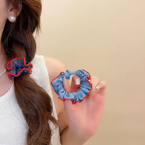 Denim Fabric Scrunchie Red Wavy Edge Lettuce Trim Vintage Polka Dot Ponytail Holder Hair Tie For Women