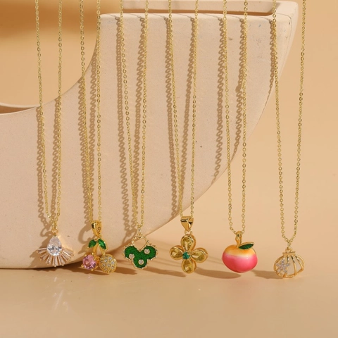 Elegante Collar de Colgante de Cobre y Circonia Para Mujer Fruta Melocotón Cereza Flor Forma de Abanico Chapado en Oro Esmalte Joyería