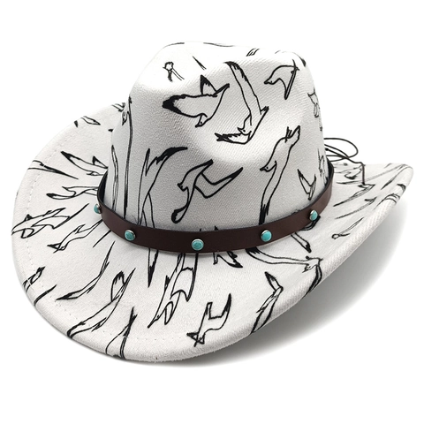 Western Cowboy Hat Wide Brim Bird Print Polyester Faux Leather Band Turquoise Rivets Ethnic Style Outdoor Sun Hat