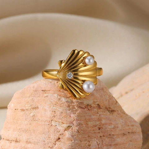 French Elegant Stainless Steel Open Ring For Women Gold Plated Artificial Pearl Rhinestone Heart Star Shell Adjustable Ring Jewelry