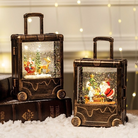 Christmas Snow Globe LED Lantern Vintage Suitcase Shape Santa Claus Dynamic Glitter Holiday Tabletop Decor Plastic PVC