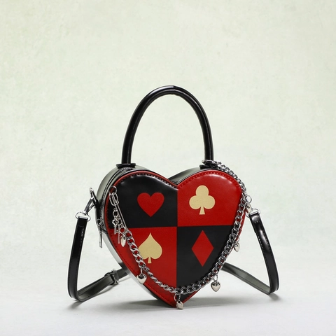 Heart Shaped Handbag PU Leather Poker Suit Print Crossbody Bag With Metal Chain Heart Pendant Fashion For Women