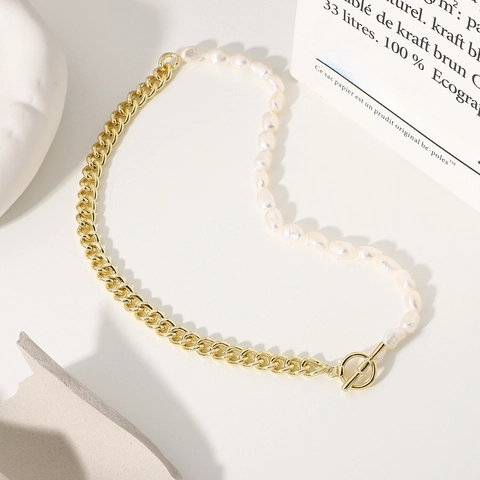 Collana Di Süßwasserperle D'acqua Dolce Barocche Rétro Con Catena Cubana Placcata Oro E Chiusura A Commutatore Per Donna Uomo Elegante