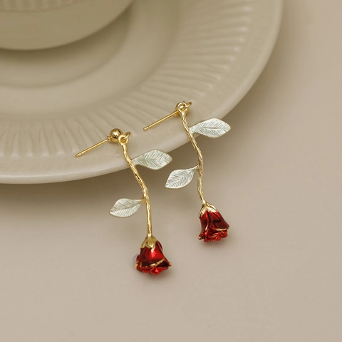Französische Vintage Rose Blume Emaille Ohrstecker Elegante Gold Metall Weinrot Floral Ohrhänger Mit 925 Silber Stift Damen Schmuck