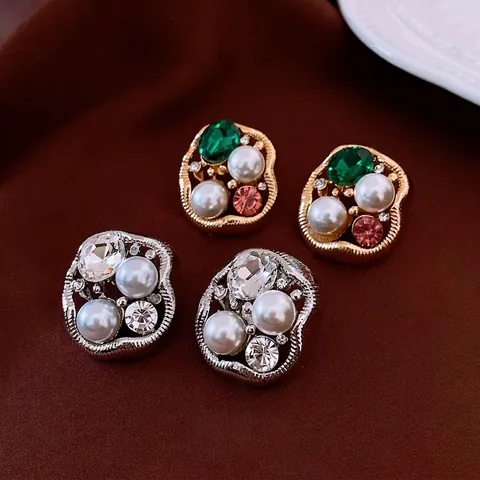 Pendientes De Botón Ovalados Irregulares Barrocos Aleación Rhinestone Colorido Perla Artificial Con Poste De Plata De Ley 925 Joyas Vintage