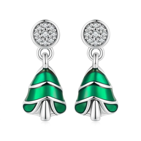 925 Sterling Silver Christmas Tree Stud Earrings Green Enamel Zirconia Inlaid Oxidized Silver Earrings Jewelry For Women Gift