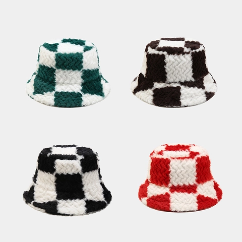 Kariertes Plüsch Fischerhut Warm Kunstpelz Verdickte Beckenhut Für Damen Outdoor Lässig Winter Accessoire