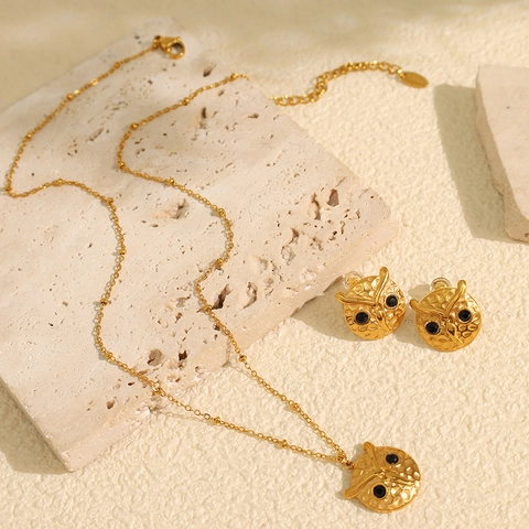 Set di Gioielli a Forma di Gufo in Acciaio Inossidabile Oro per Donna Collana con Ciondolo in Strass Martellato e Orecchini