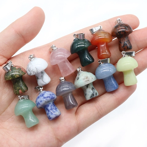 Mini Mushroom Shape Natural Stone Pendant For DIY Jewelry Making Polished Crystal Agate Charm With Metal Clasp For Necklaces Women