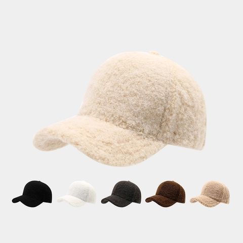 Gorra De Béisbol De Felpa Sherpa Sombrero De Inviernop Cálido Y Esponjoso Color Sólido Ajustable Ala Curva Casual