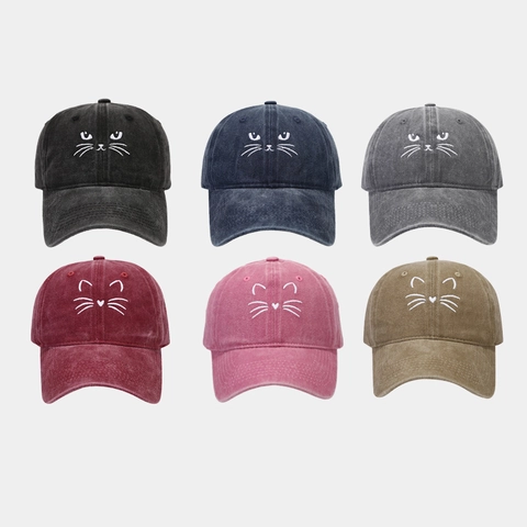 Vintage Washed Cotton Baseball Cap Cute Cat Embroidery Curved Brim Outdoor Sunshade Hat For Women Men