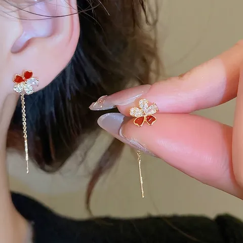 Flower Long Chain Ear Thread Earrings With Silver Earring Post Zircon Copper Gold Plated Red Enamel Elegant For Women