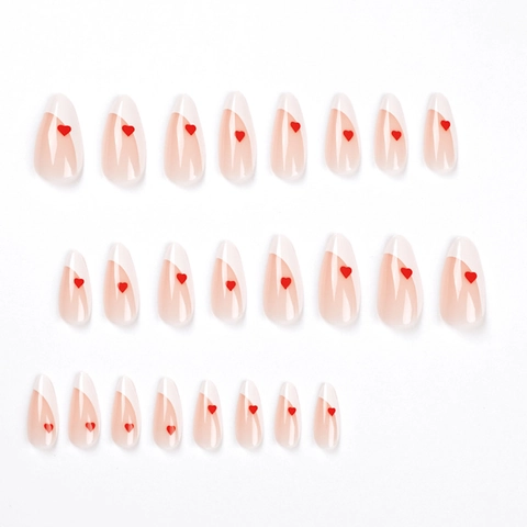 Uñas Postizas Press On Almendra Francesas Blancas Corazón Rojo Uñas Largas Brillantes Manicura Dulce