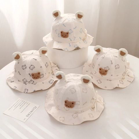 Cappello A Secchiello Neonato Misto Cotone Protezione Solare Orecchie Orso Coulisse Cappello Pescatore