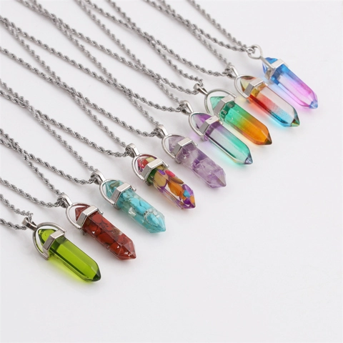 Hexagonal Pillar Pendant Necklace Natural Gemstone Crystal Point Bullet Alloy Stainless Steel Twisted Chain Healing