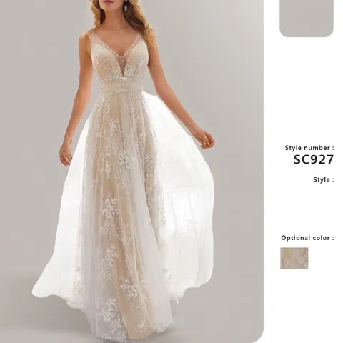 Women Sexy V Neck Sleeveless Lace Wedding Dress Elegant Floral Embroidery Long Maxi Bridal Gown For Banquet Party Wedding Gown