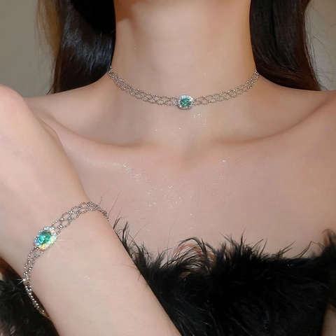 French Retro Square Green Zircon Pendant Necklace Bracelet Copper Double Layer Mesh Chain Elegant Jewelry Women