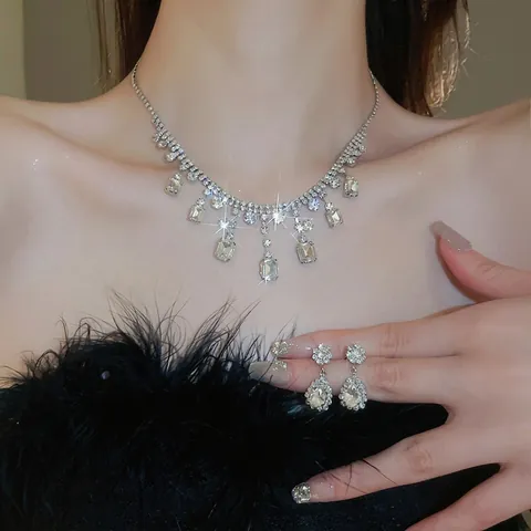 Luxury Rhinestone Tassel Necklace Earring Jewelry For Women Copper Geometric Zircon Evening Wedding Party Vintage Style